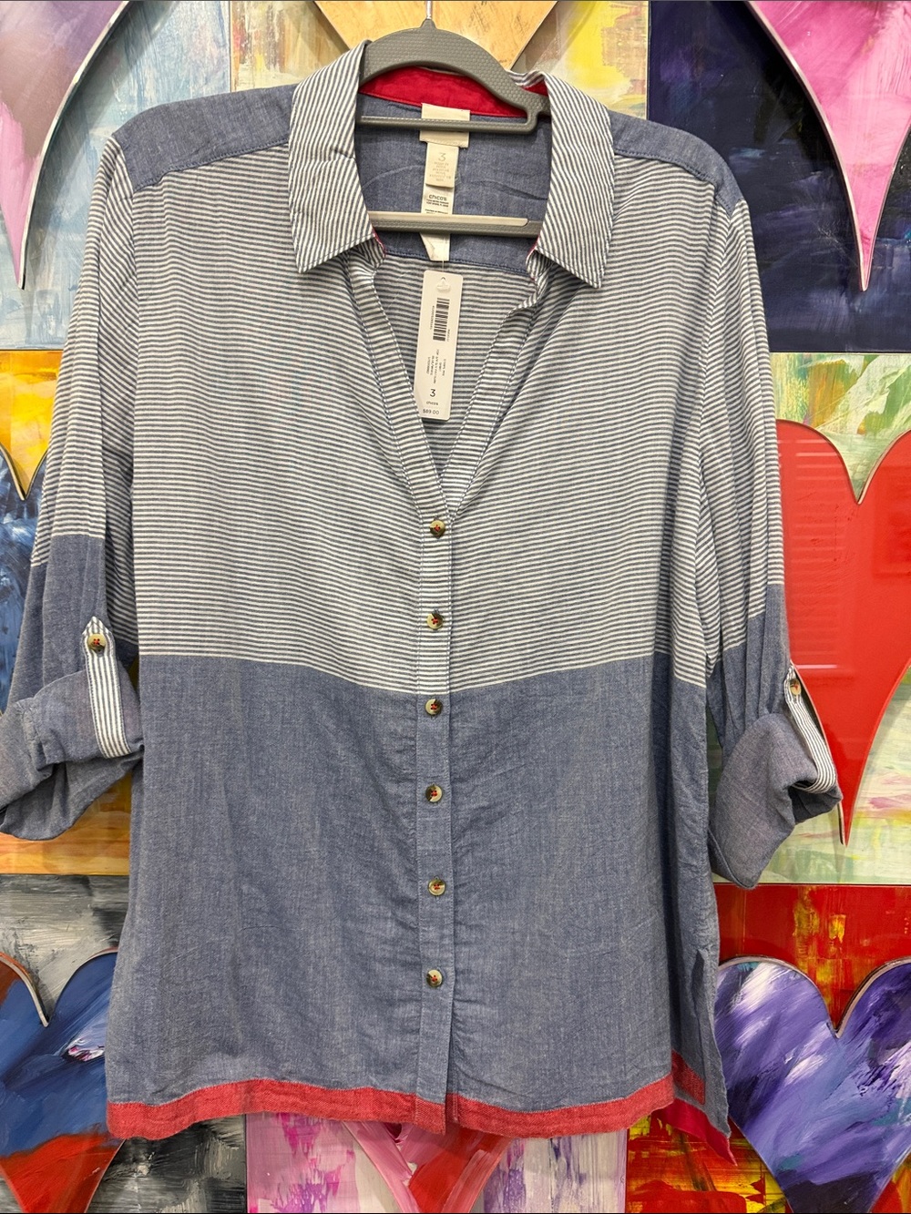 Chico's Blue and White Striped Button-Down with Red Hem